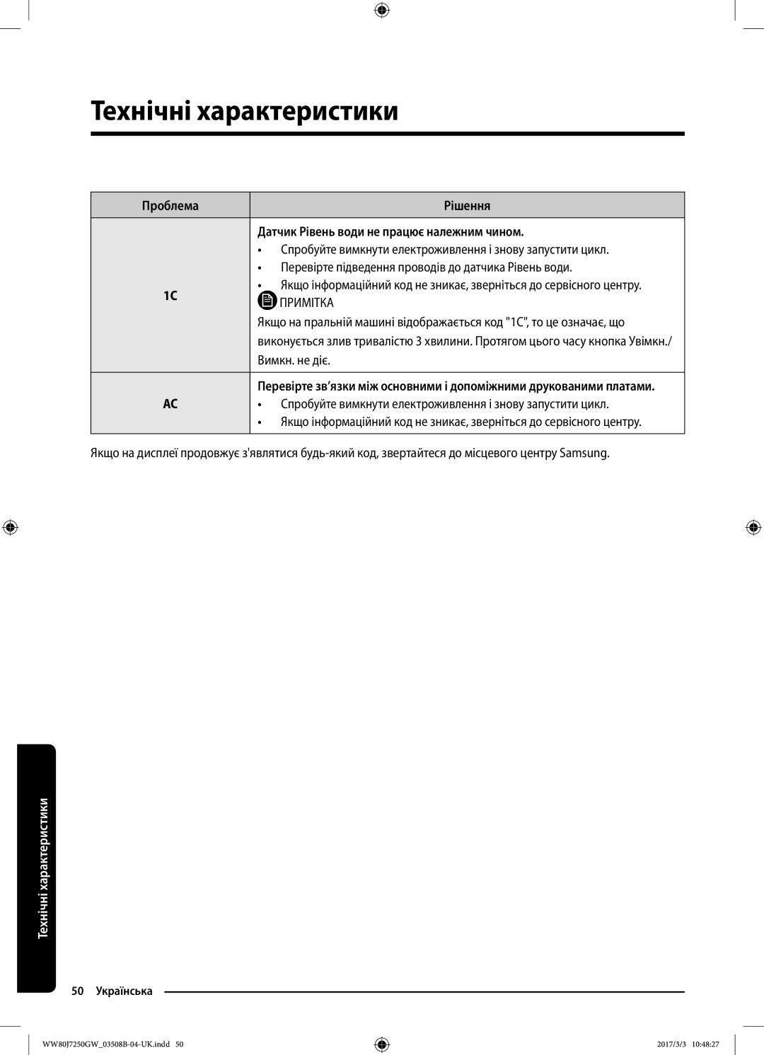 Samsung WW80J7250GW/LP, WW80J7250GX/LP manual Технічні характеристики, Датчик Рівень води не працює належним чином 