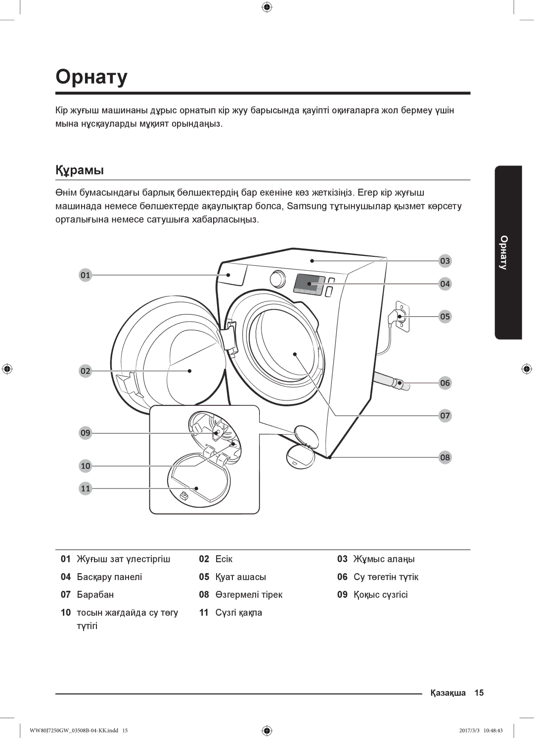 Samsung WW80J7250GX/LP, WW80J7250GW/LP manual Орнату, Құрамы 