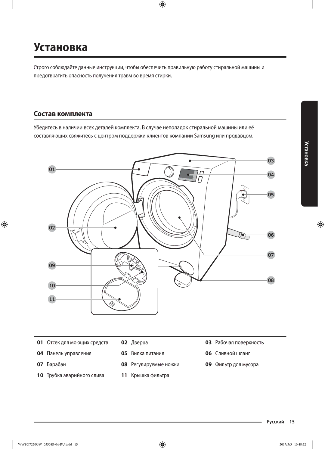 Samsung WW80J7250GX/LP, WW80J7250GW/LP manual Установка, Состав комплекта, Дверца, Трубка аварийного слива Крышка фильтра 