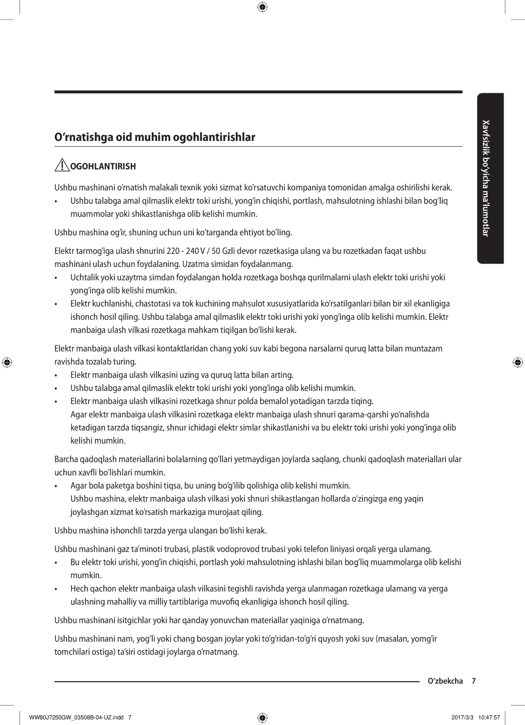 Samsung WW80J7250GX/LP, WW80J7250GW/LP manual ’rnatishga oid muhim ogohlantirishlar 