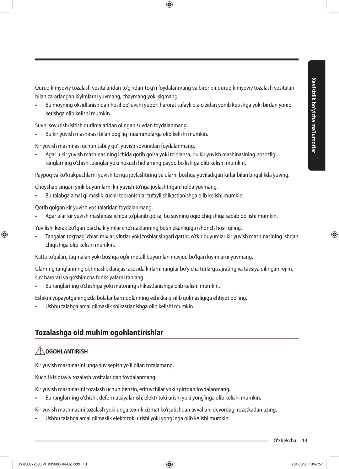 Samsung WW80J7250GX/LP, WW80J7250GW/LP manual Tozalashga oid muhim ogohlantirishlar 