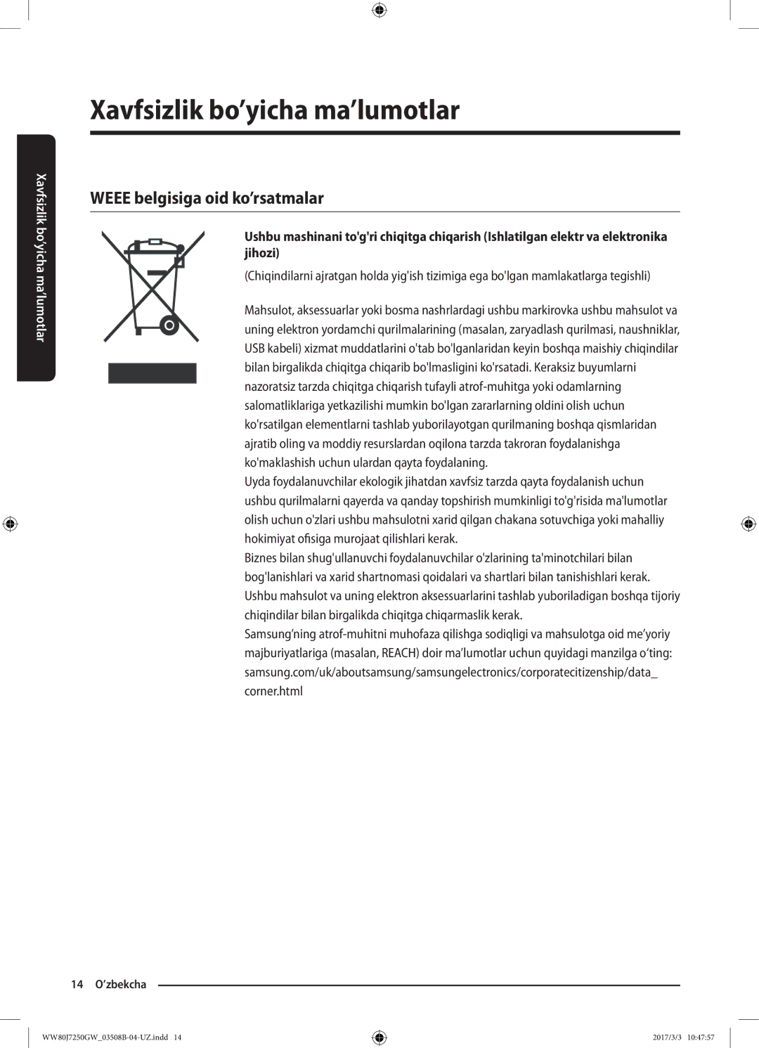 Samsung WW80J7250GW/LP, WW80J7250GX/LP manual Weee belgisiga oid ko’rsatmalar 