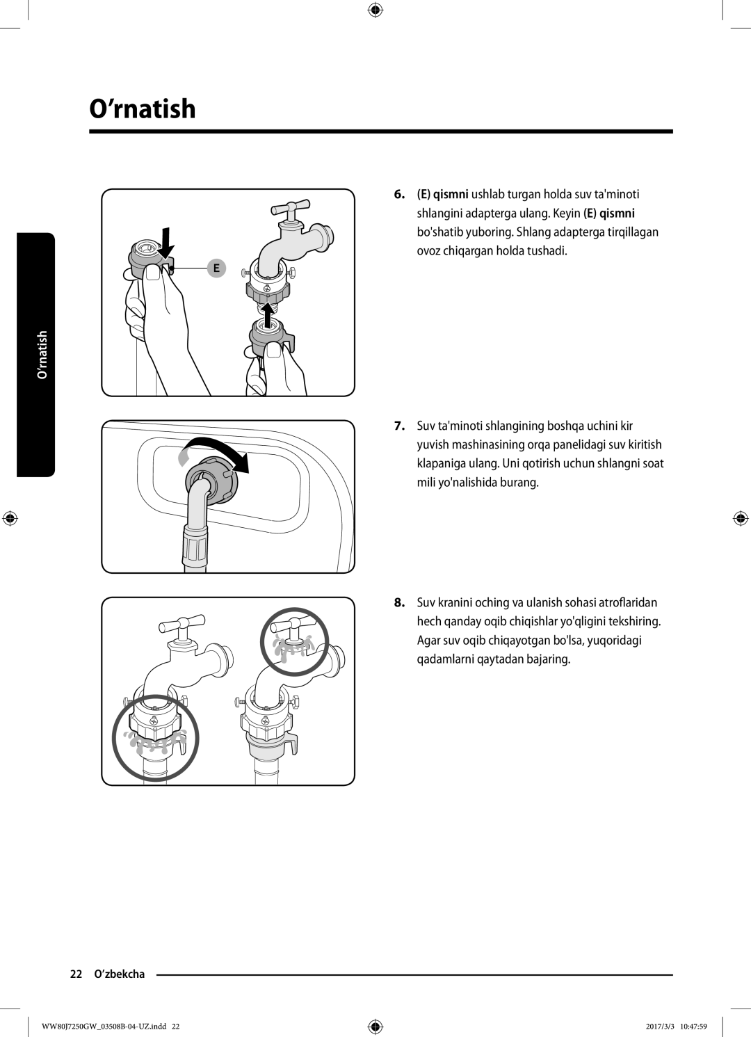 Samsung WW80J7250GW/LP, WW80J7250GX/LP manual 22 O’zbekcha 