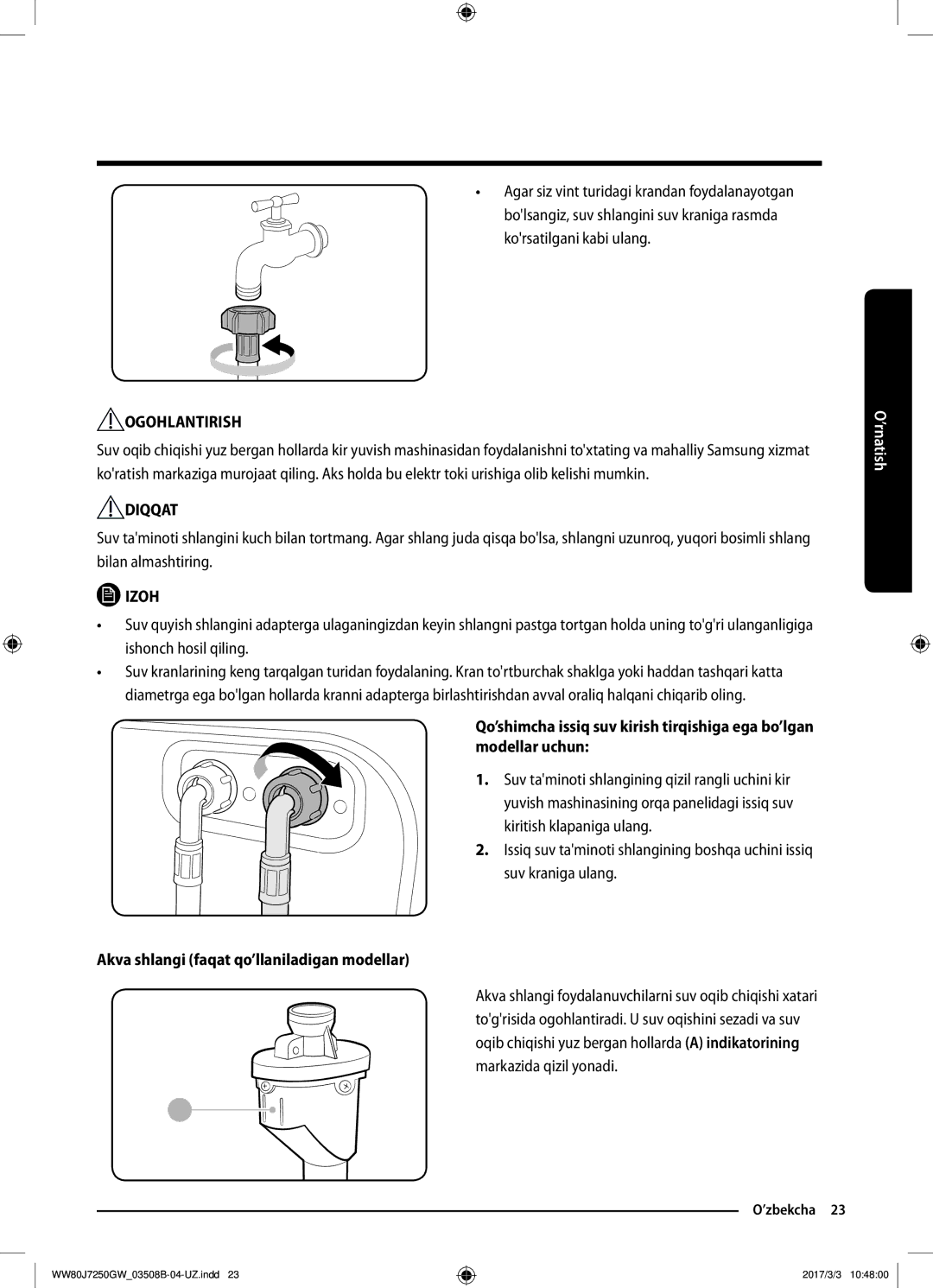 Samsung WW80J7250GX/LP, WW80J7250GW/LP manual Akva shlangi faqat qo’llaniladigan modellar 