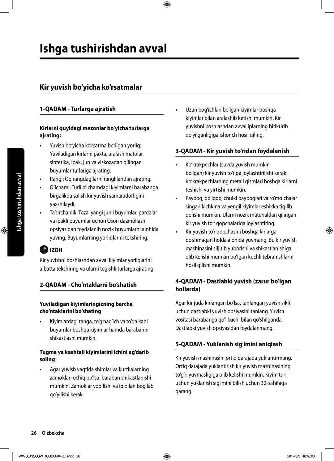 Samsung WW80J7250GW/LP, WW80J7250GX/LP manual Kir yuvish bo’yicha ko’rsatmalar 