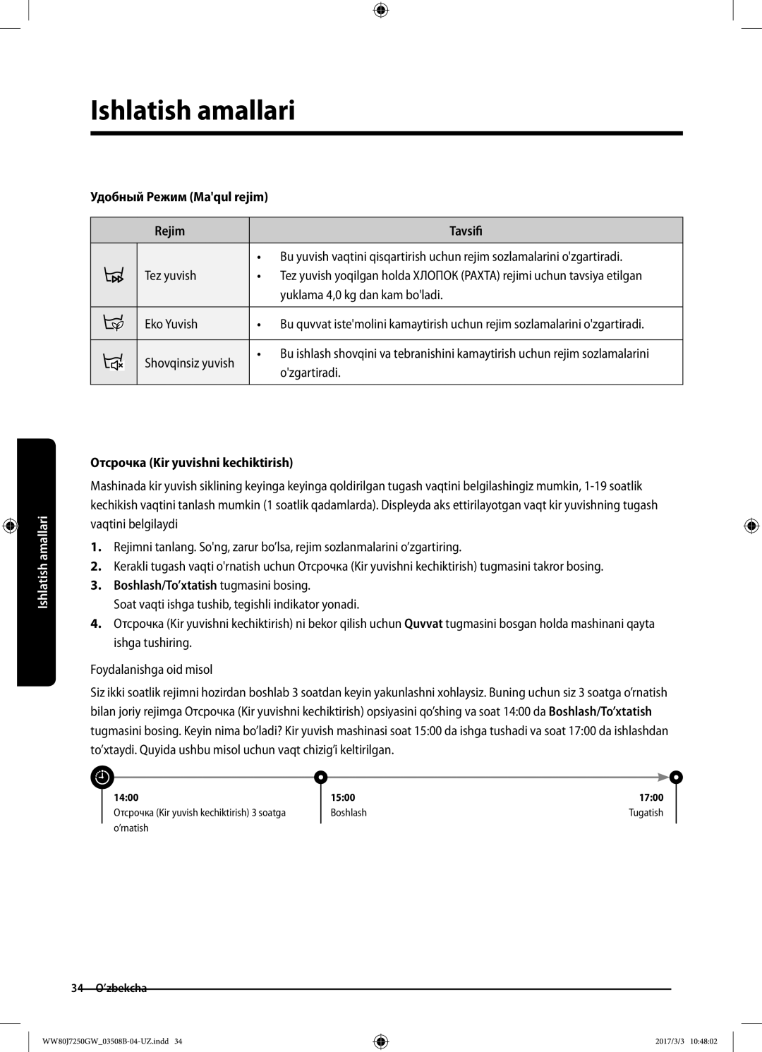 Samsung WW80J7250GW/LP, WW80J7250GX/LP manual Удобный Режим Maqul rejim Rejim Tavsifi, Отсрочка Kir yuvishni kechiktirish 