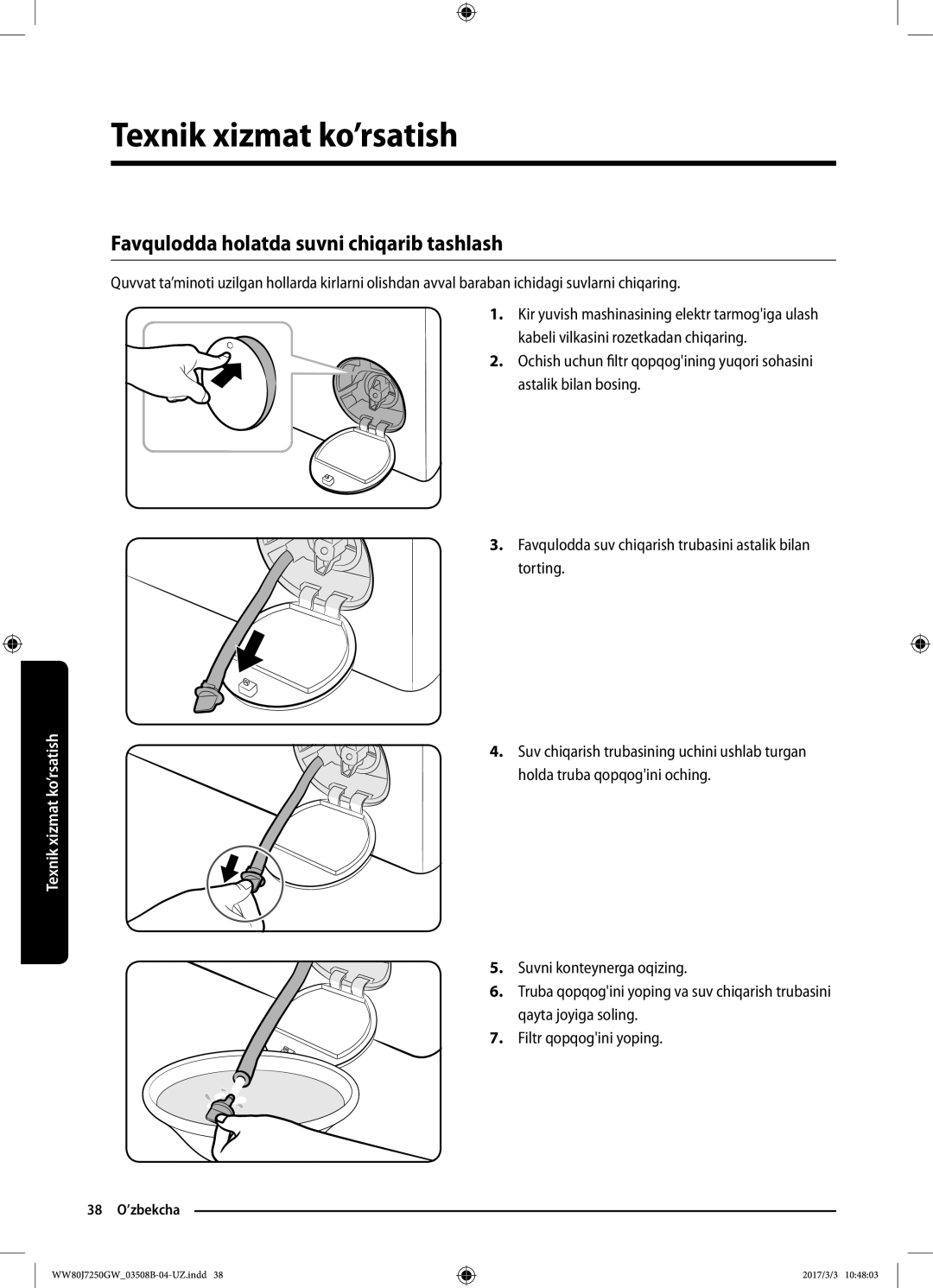 Samsung WW80J7250GW/LP, WW80J7250GX/LP manual Favqulodda holatda suvni chiqarib tashlash 