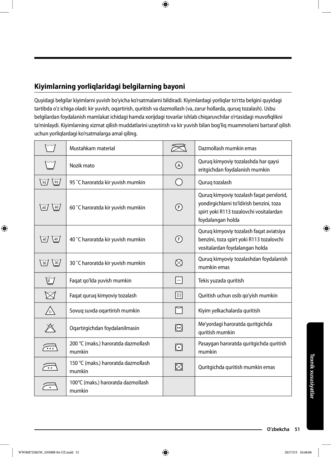 Samsung WW80J7250GX/LP, WW80J7250GW/LP manual Kiyimlarning yorliqlaridagi belgilarning bayoni 