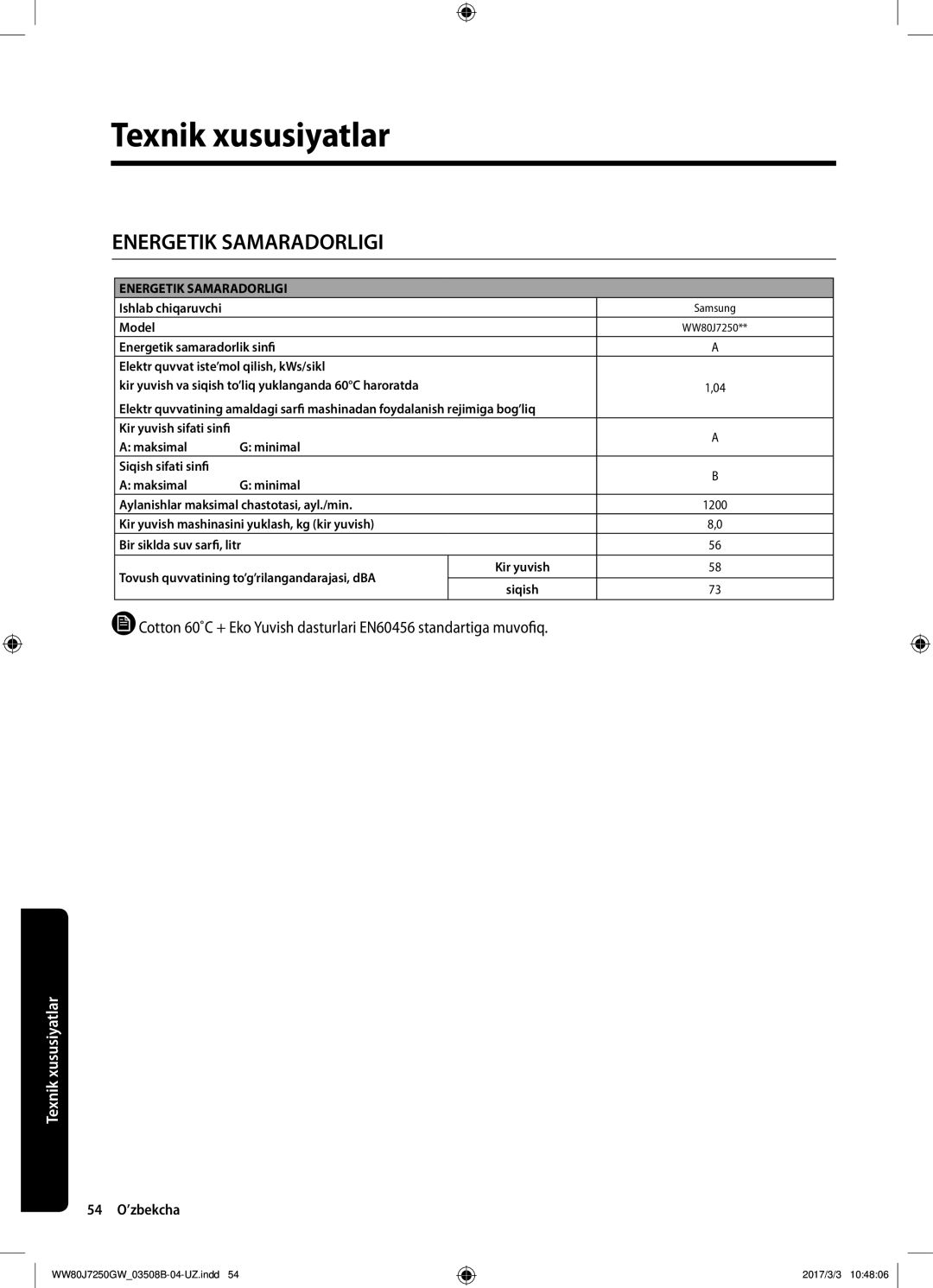 Samsung WW80J7250GW/LP, WW80J7250GX/LP manual Energetik Samaradorligi 