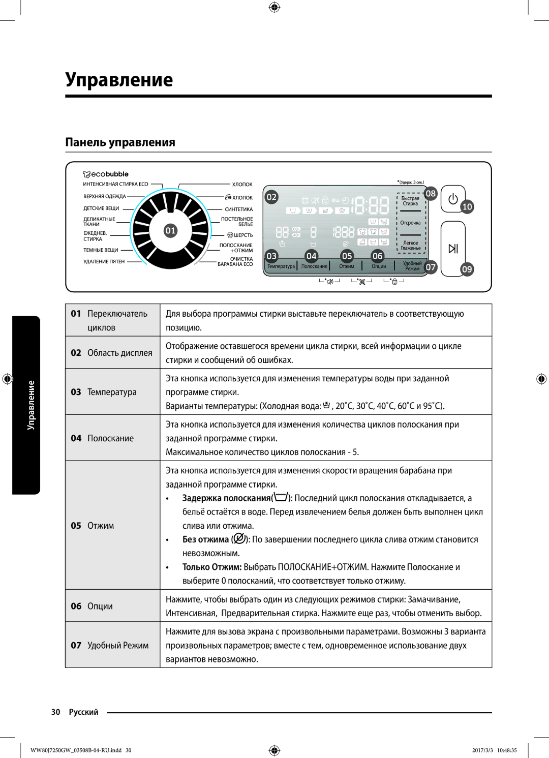 Samsung WW80J7250GW/LP, WW80J7250GX/LP manual Управление, Панель управления 