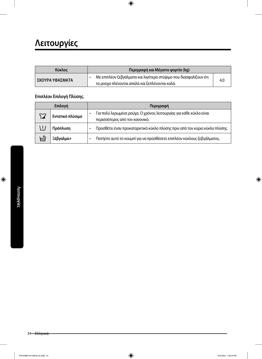 Samsung WW80K44305W/LV manual Επιπλέον Επιλογή Πλύσης 