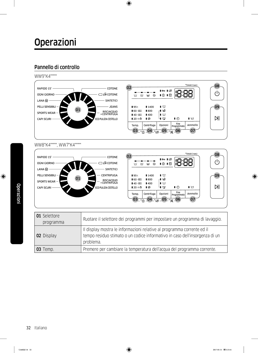 Samsung WW80K4430YW/ET, WW90K4430YW/ET manual Operazioni, Pannello di controllo 