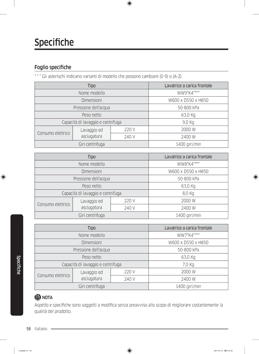 Samsung WW80K4430YW/ET, WW90K4430YW/ET manual Foglio specifiche, Consumo elettrico, 220, Asciugatura 240, Giri/min 