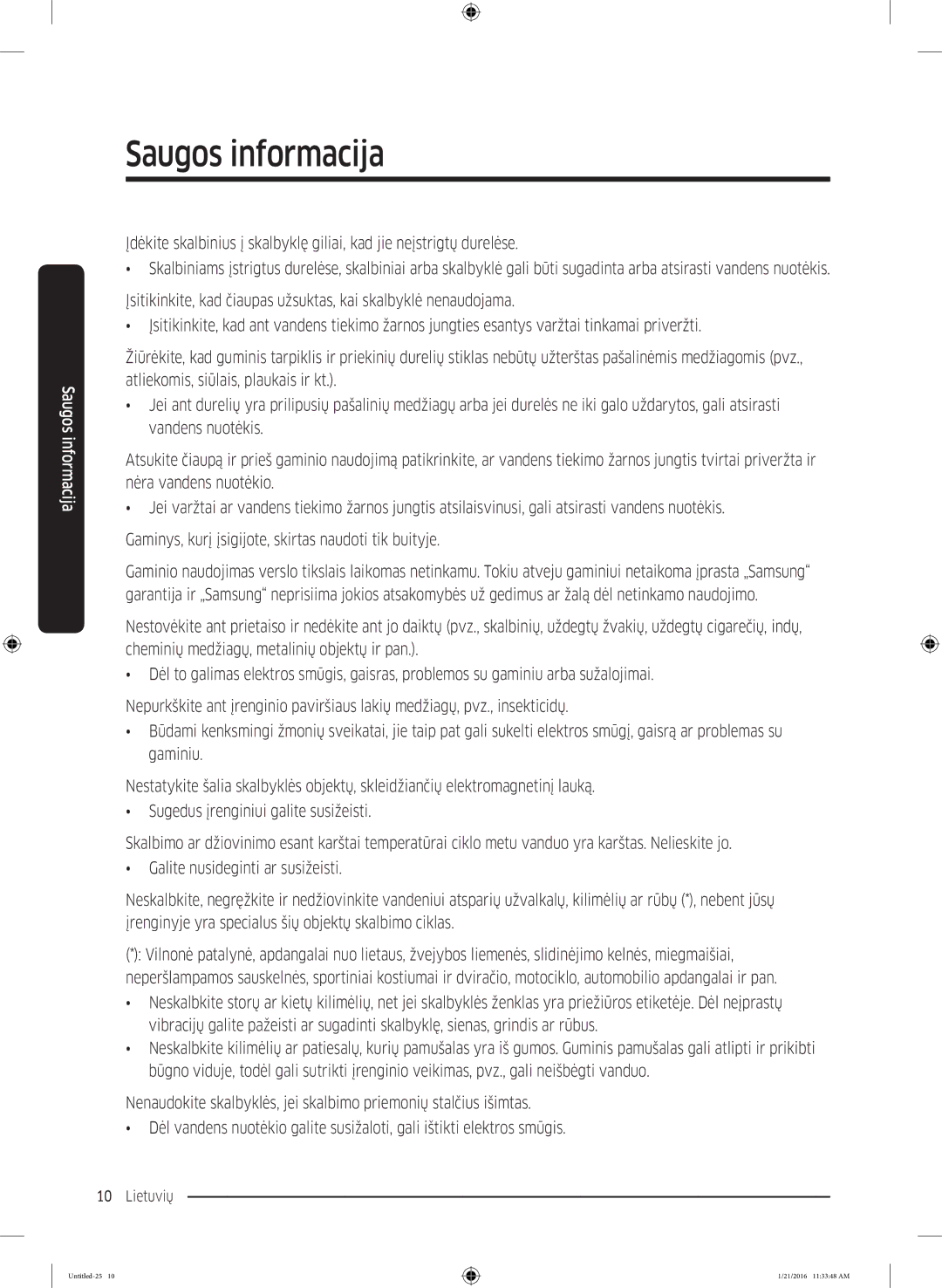 Samsung WW80K5210UW/LE, WW70K5410UW/LE manual Saugos informacija 