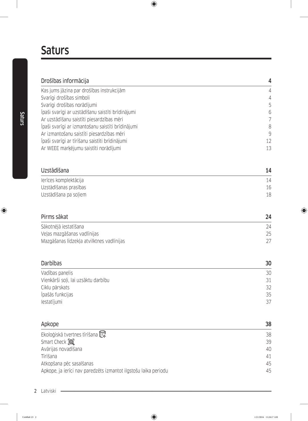 Samsung WW80K5210UW/LE, WW70K5410UW/LE manual Saturs 