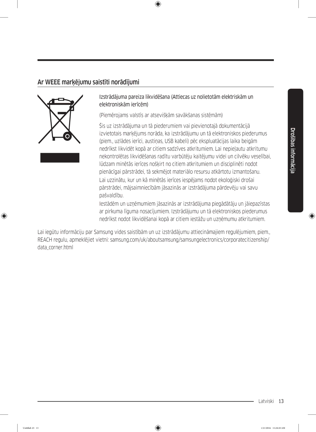 Samsung WW70K5410UW/LE, WW80K5210UW/LE manual Ar Weee marķējumu saistīti norādījumi 