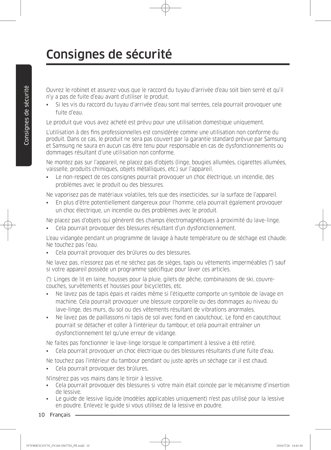 Samsung WW80K5210VW/EF manual Consignes de sécurité 