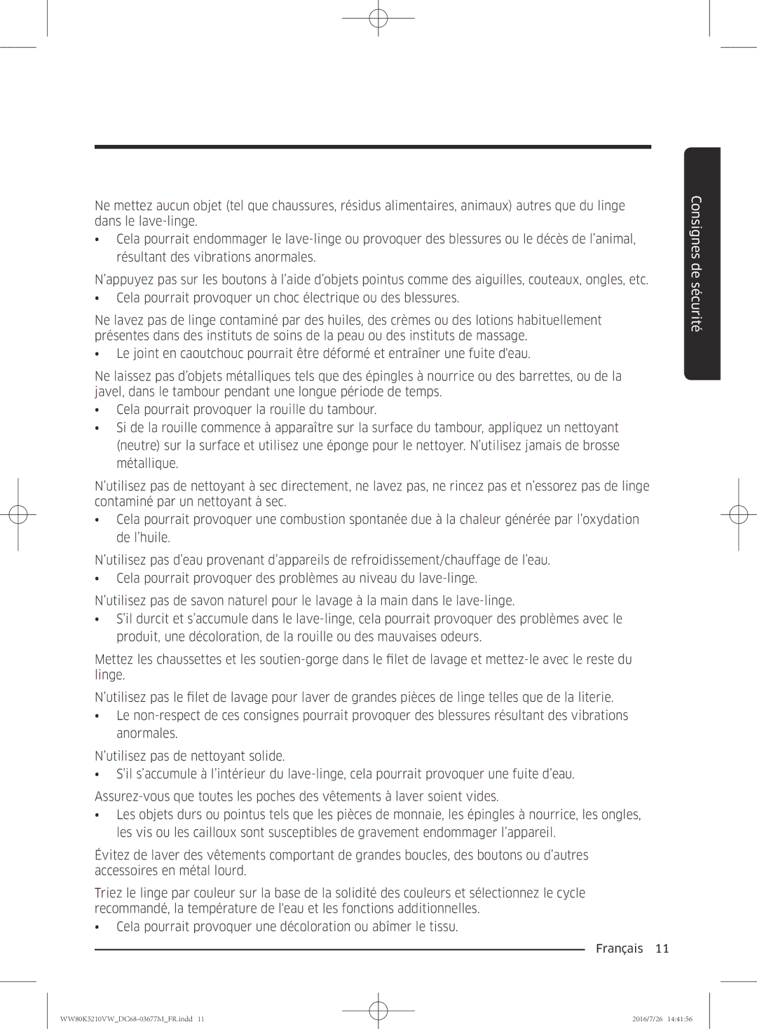 Samsung WW80K5210VW/EF manual Consignes de sécurité 