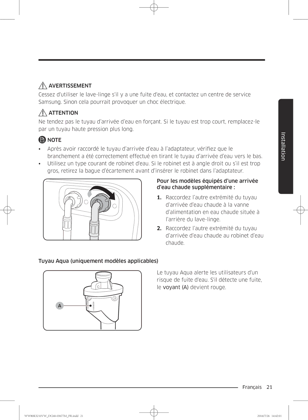 Samsung WW80K5210VW/EF manual Avertissement 