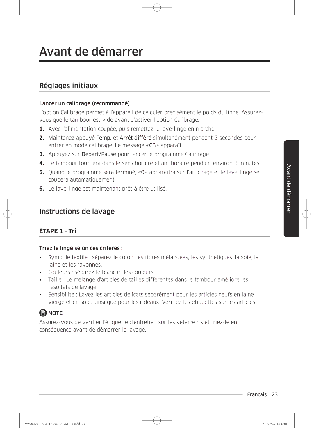 Samsung WW80K5210VW/EF manual Avant de démarrer, Réglages initiaux, Instructions de lavage, Étape 1 Tri 