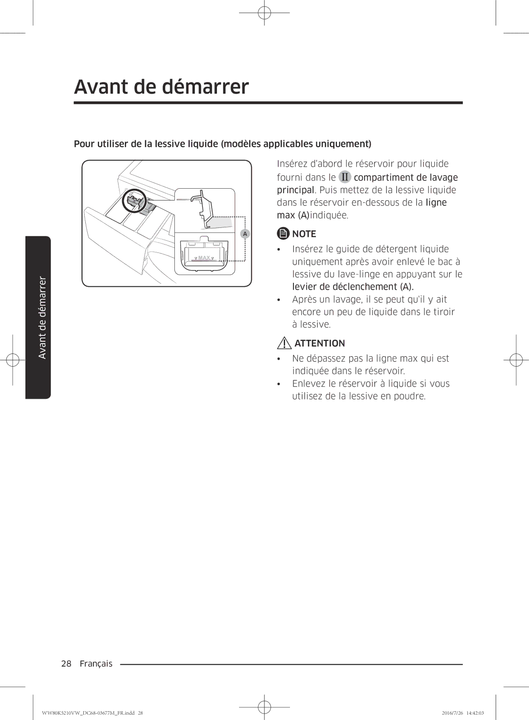 Samsung WW80K5210VW/EF manual Avant de démarrer 