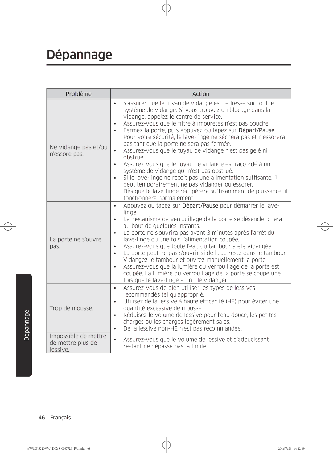 Samsung WW80K5210VW/EF manual Dépannage 