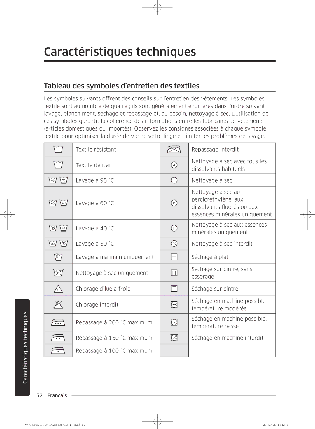 Samsung WW80K5210VW/EF manual Caractéristiques techniques, Tableau des symboles d’entretien des textiles 