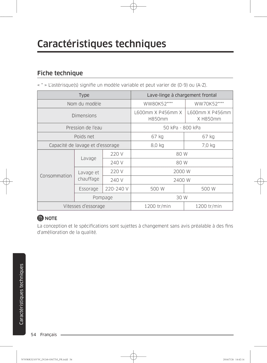 Samsung WW80K5210VW/EF manual Fiche technique 