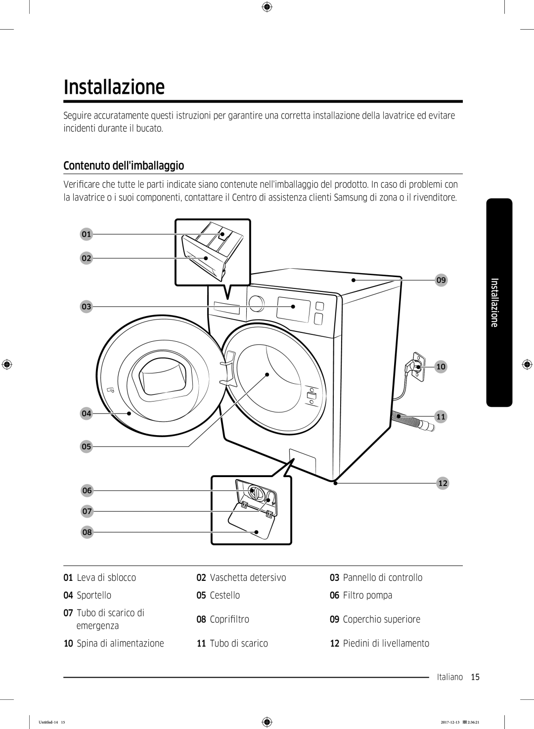 Samsung WW80K5210WW/ET manual Installazione, Contenuto dellimballaggio 