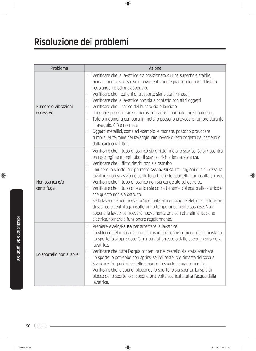 Samsung WW80K5210WW/ET manual Non sia a contatto con altri oggetti, Rumore o vibrazioni, Bucato sia bilanciato, Lavatrice 