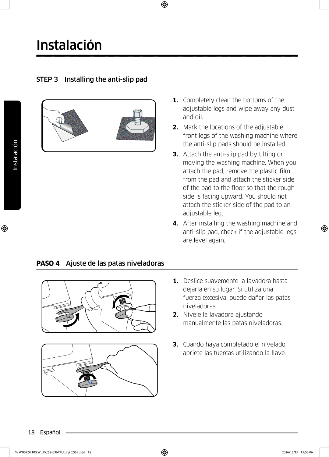 Samsung WW80K5210XW/EC manual Installing the anti-slip pad 