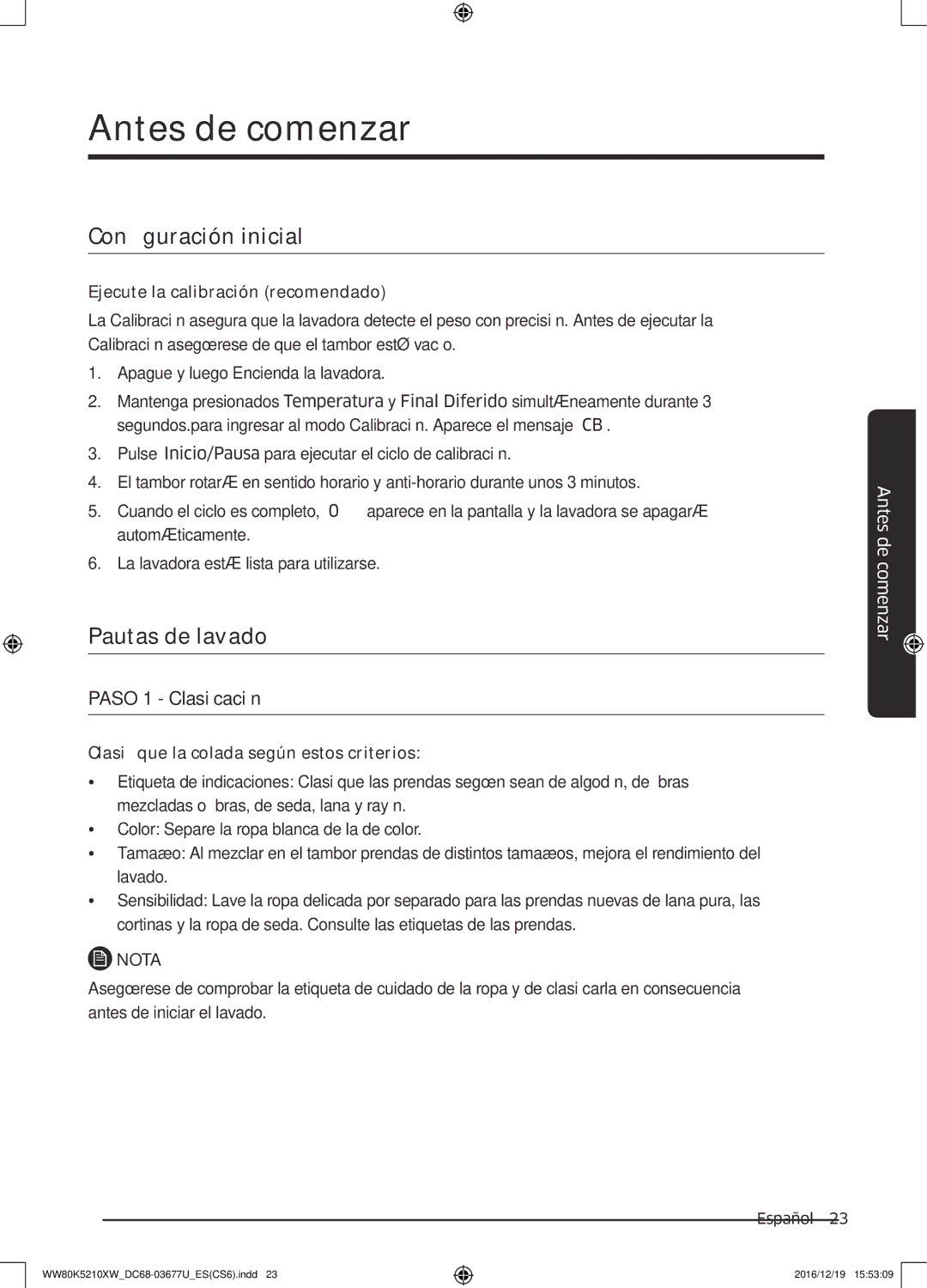 Samsung WW80K5210XW/EC manual Antes de comenzar, Configuración inicial, Pautas de lavado 