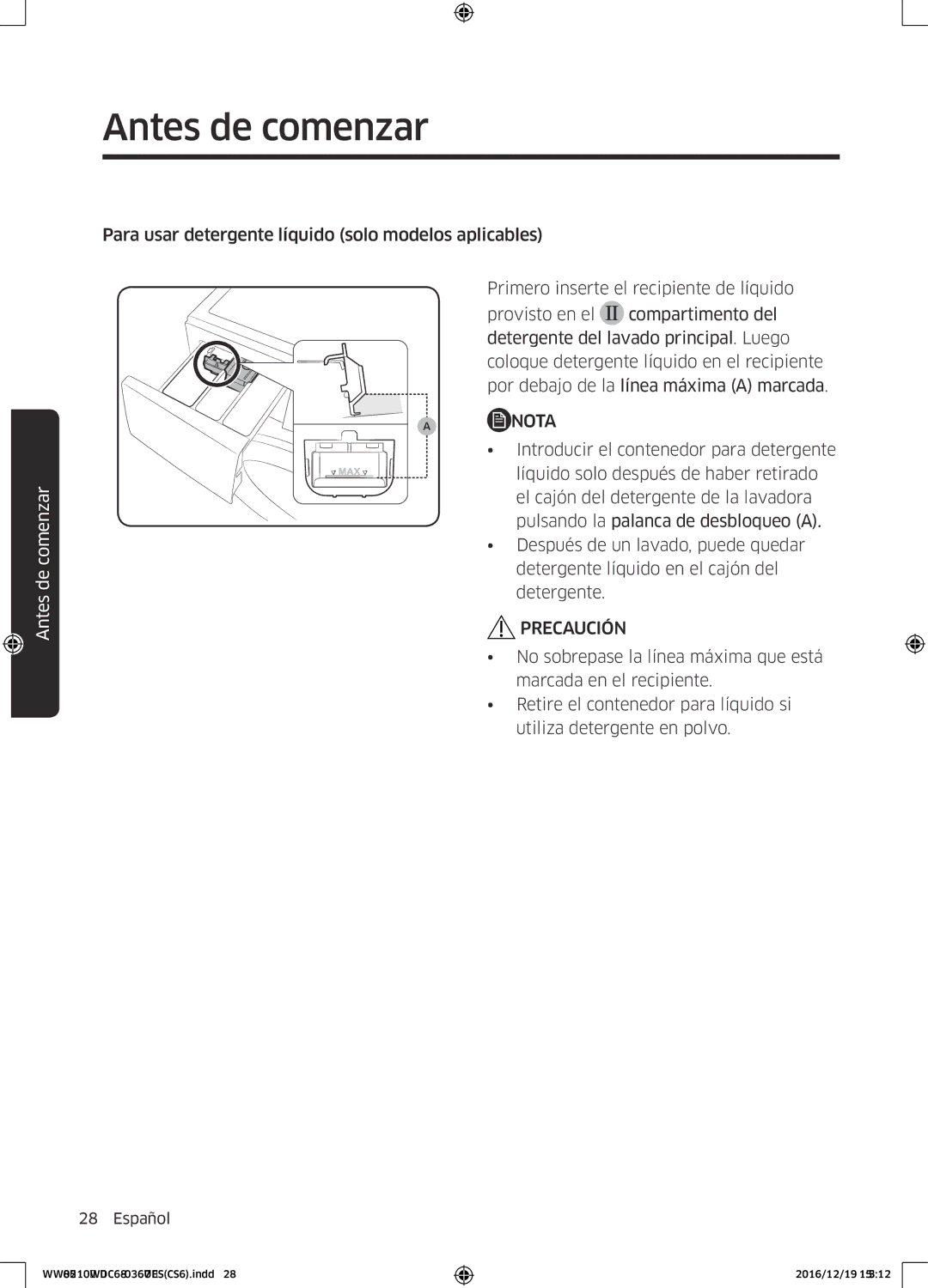 Samsung WW80K5210XW/EC manual Nota 