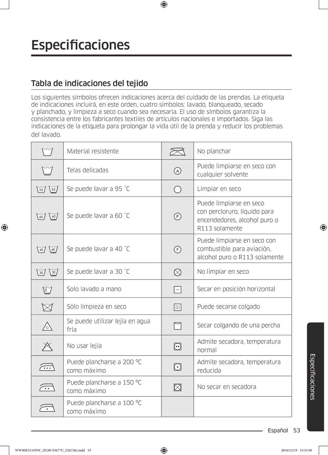 Samsung WW80K5210XW/EC manual Especificaciones, Tabla de indicaciones del tejido 