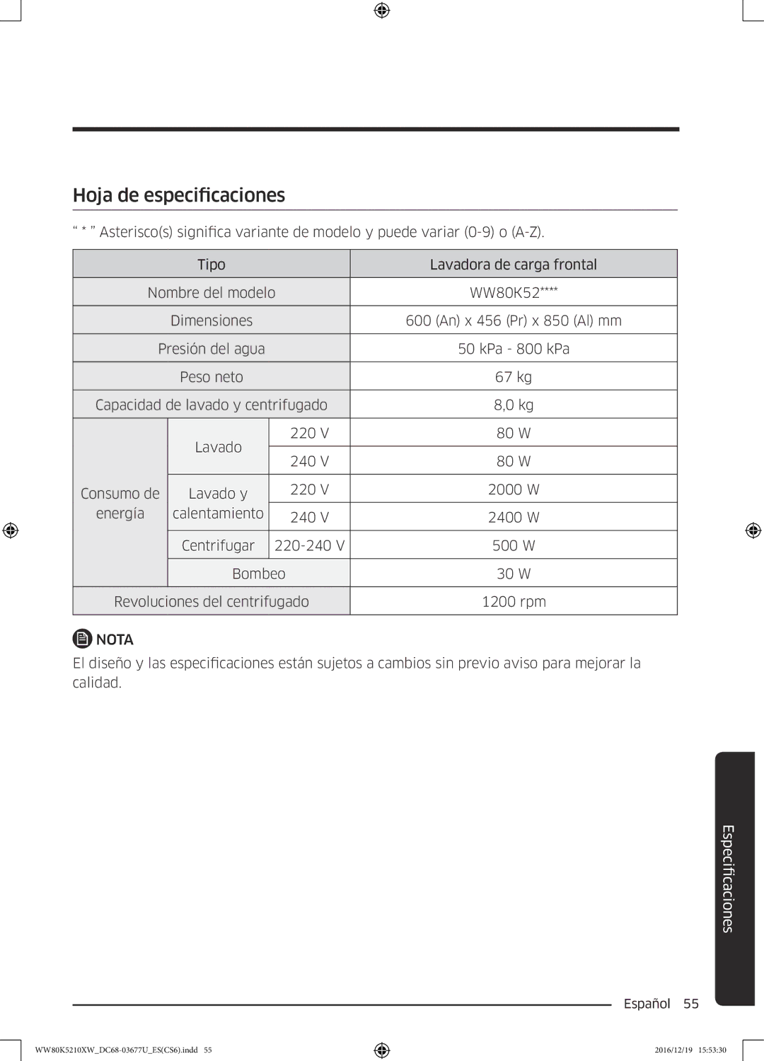 Samsung WW80K5210XW/EC manual Hoja de especificaciones, Nota 