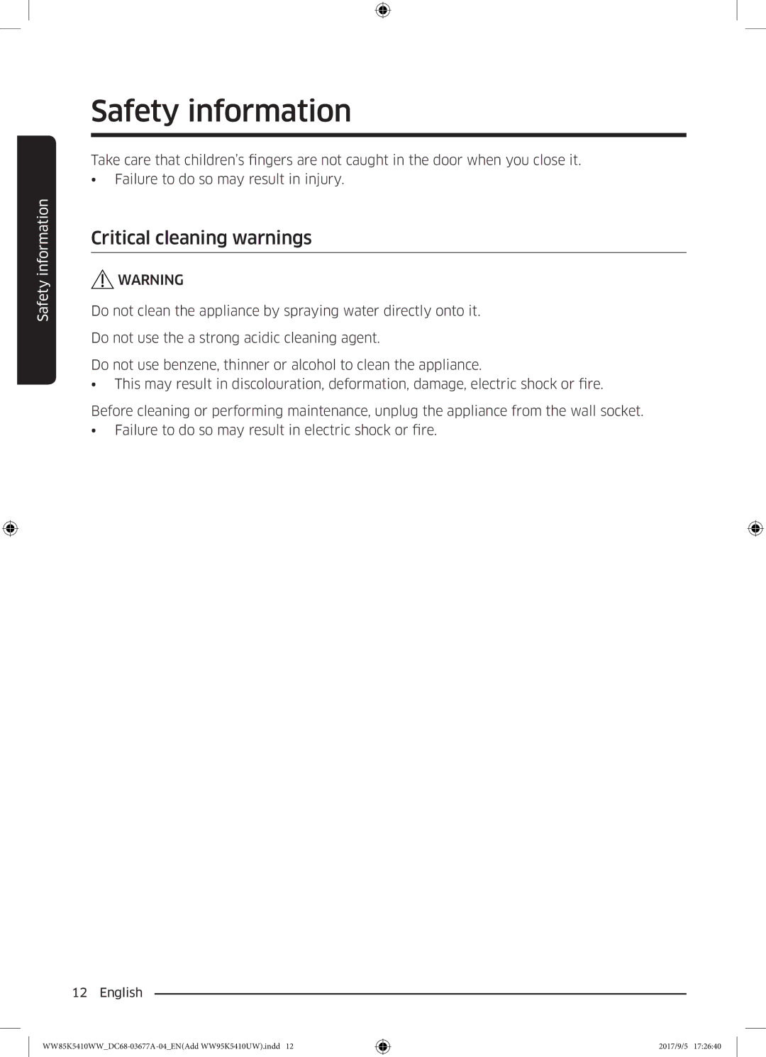 Samsung WW80K5233YW/SV manual Critical cleaning warnings 