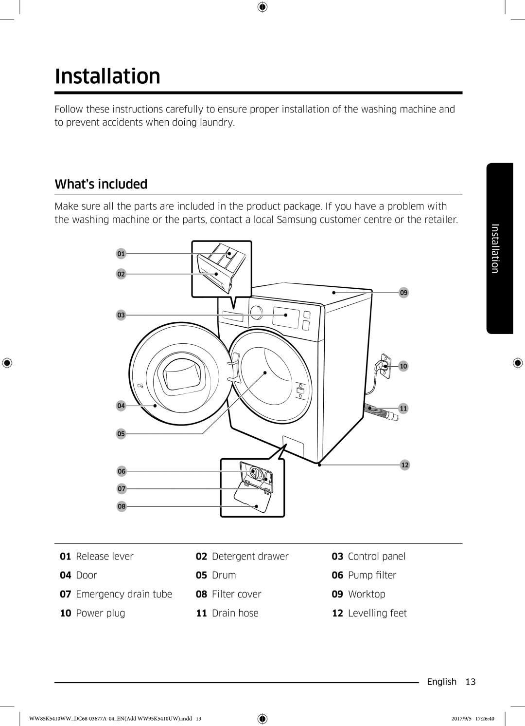 Samsung WW80K5233YW/SV manual Installation, What’s included 