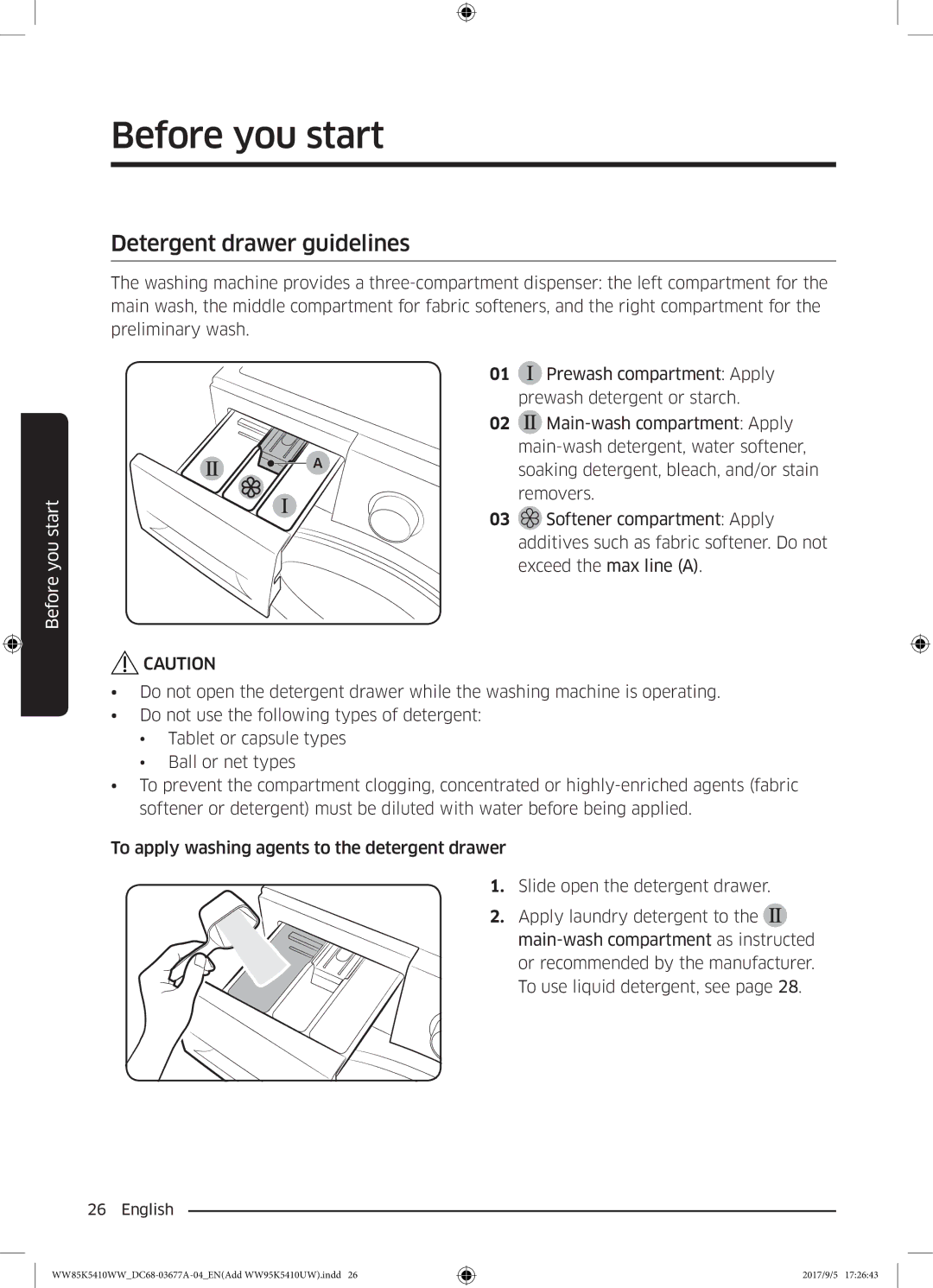 Samsung WW80K5233YW/SV manual Detergent drawer guidelines 