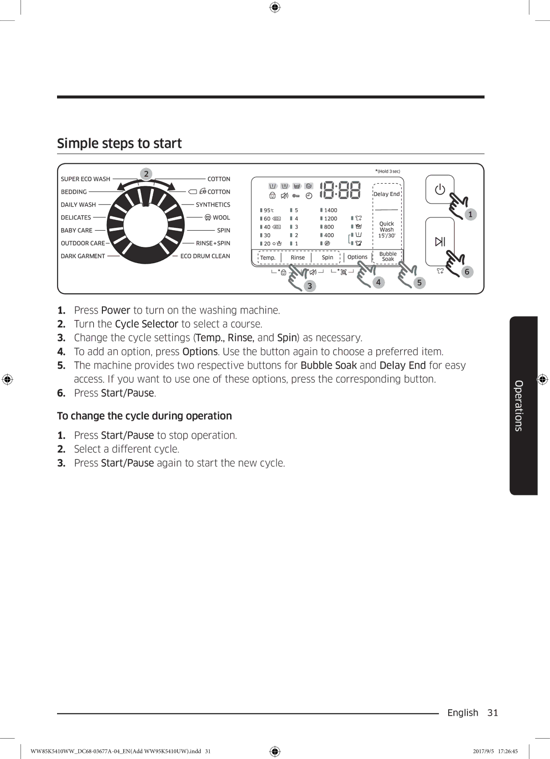 Samsung WW80K5233YW/SV manual Simple steps to start 