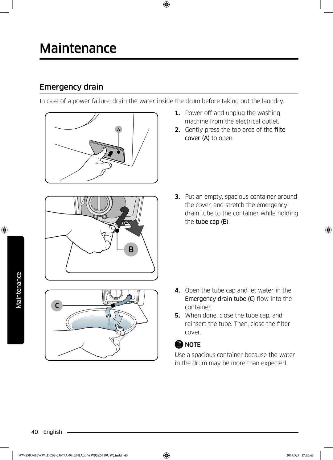 Samsung WW80K5233YW/SV manual Emergency drain 