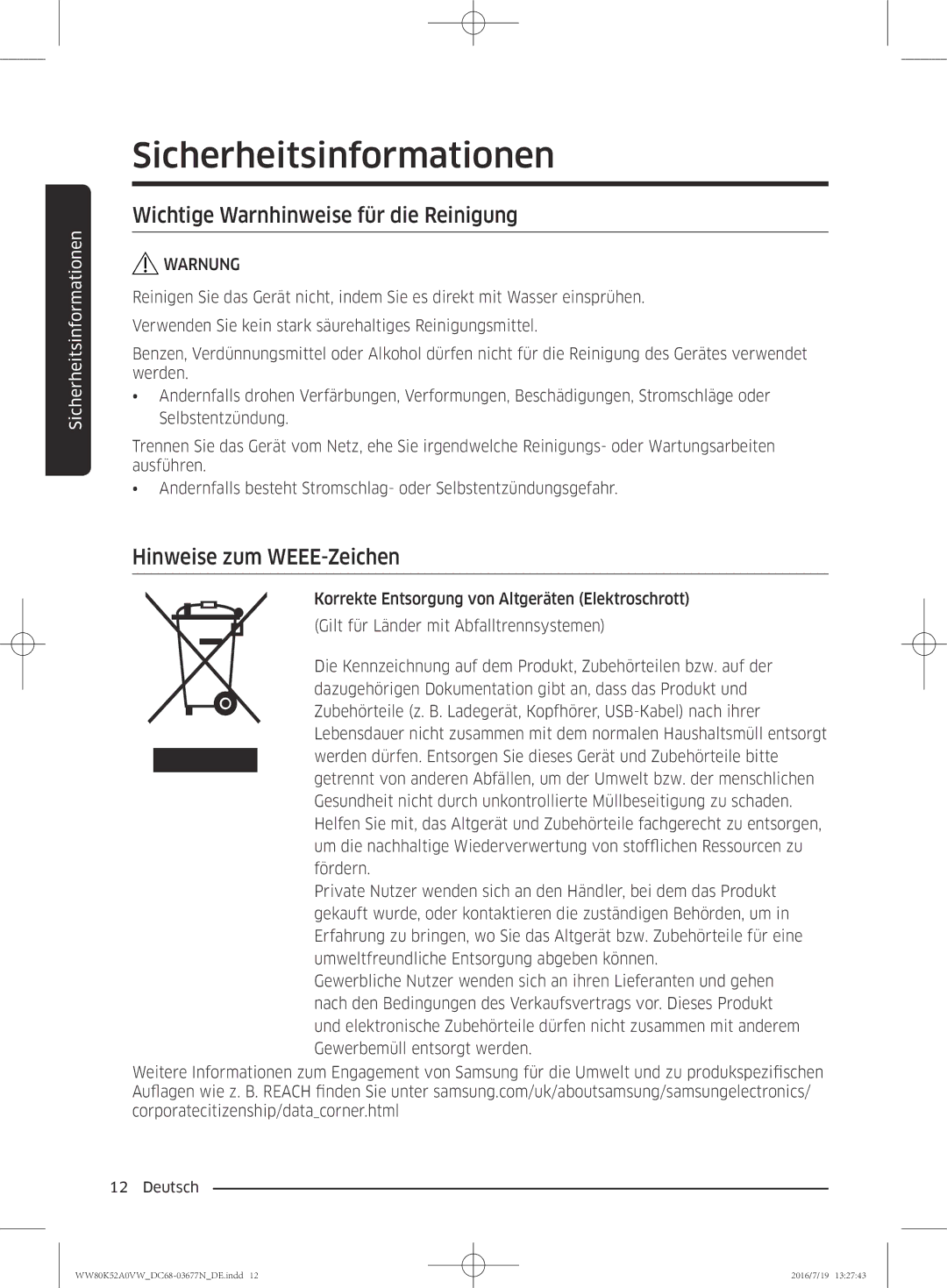 Samsung WW80K52A0VW/EG manual Wichtige Warnhinweise für die Reinigung, Hinweise zum WEEE-Zeichen 