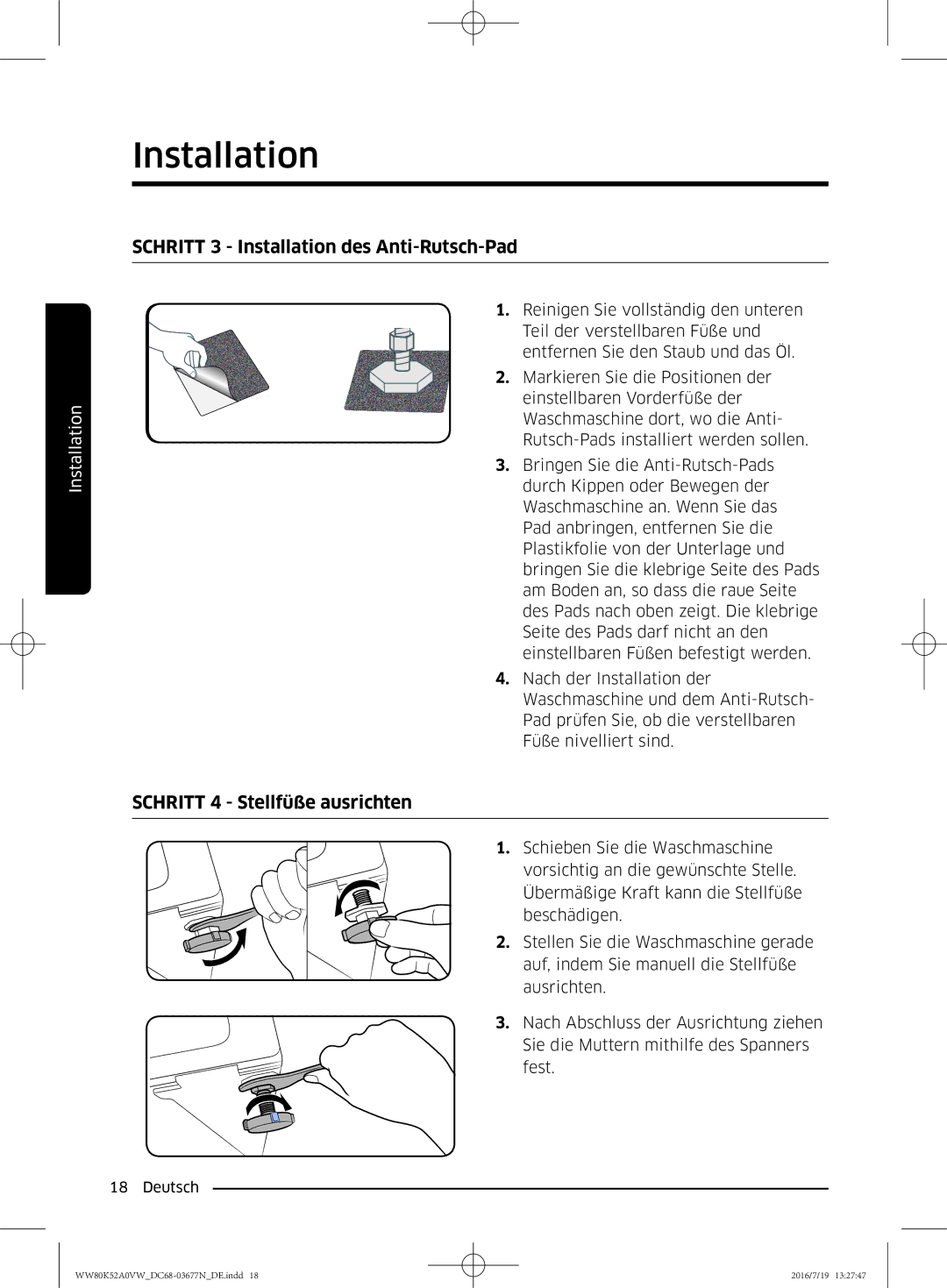 Samsung WW80K52A0VW/EG manual Schritt 3 Installation des Anti-Rutsch-Pad, Schritt 4 Stellfüße ausrichten 