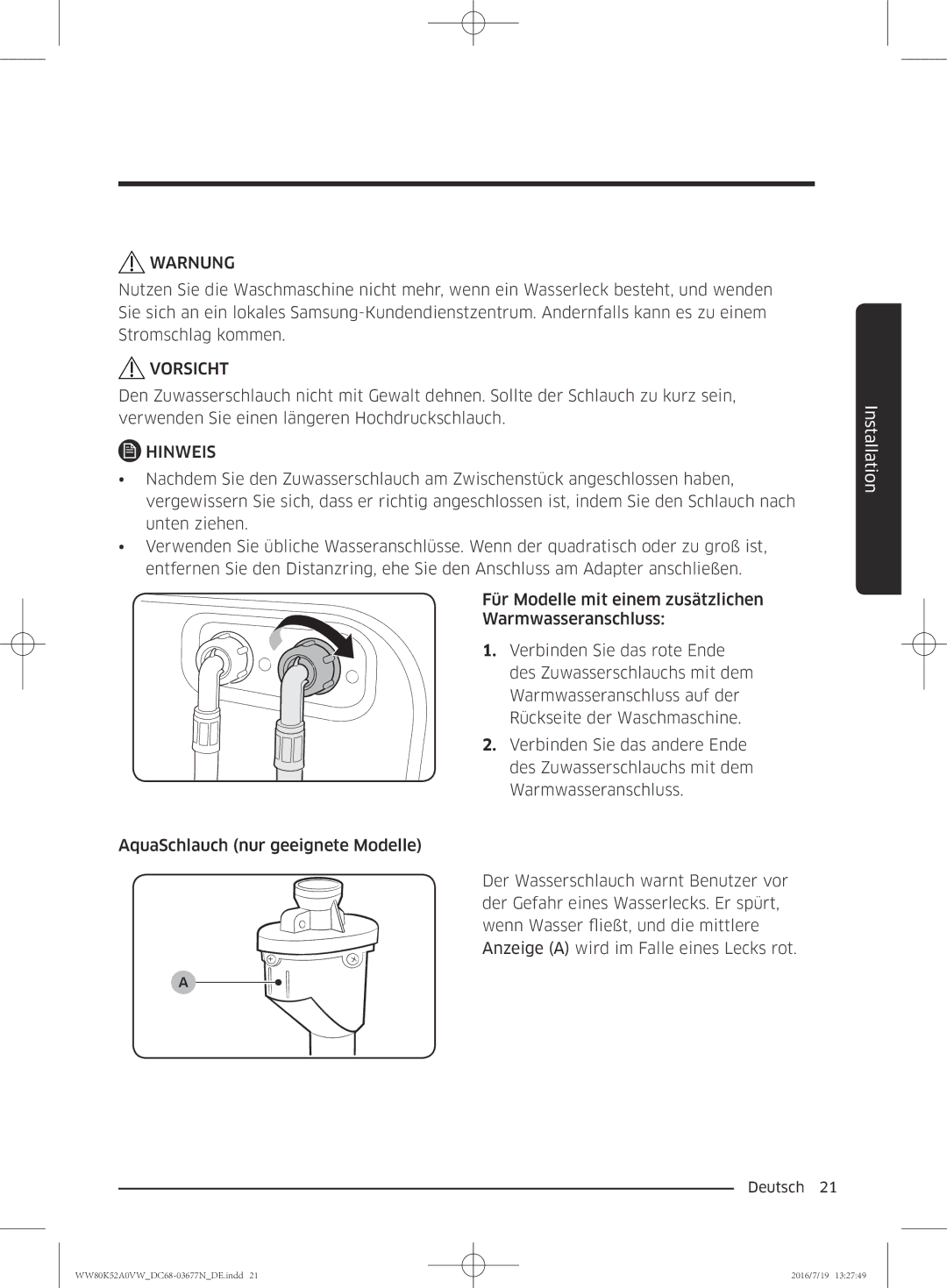 Samsung WW80K52A0VW/EG manual Warnung 