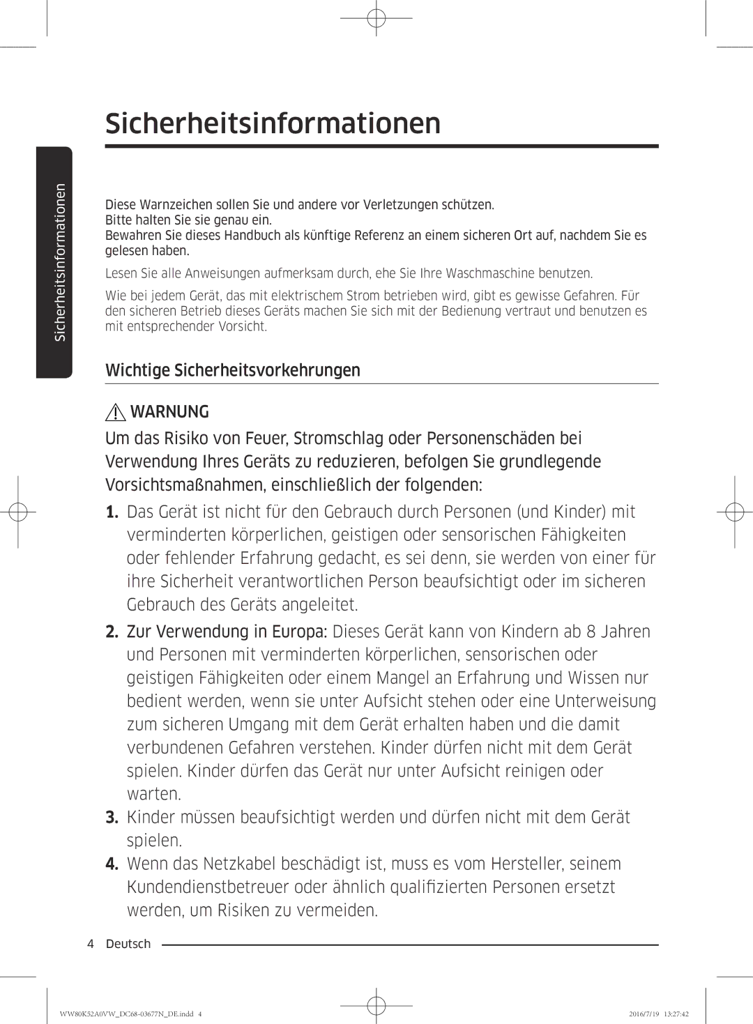 Samsung WW80K52A0VW/EG manual Wichtige Sicherheitsvorkehrungen, Warnung 