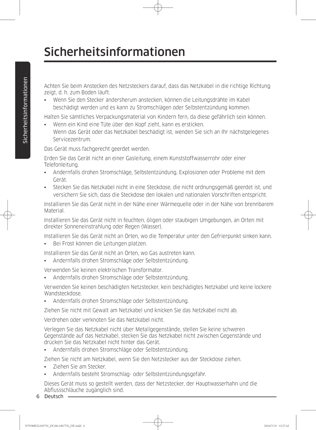 Samsung WW80K52A0VW/EG manual Sicherheitsinformationen 