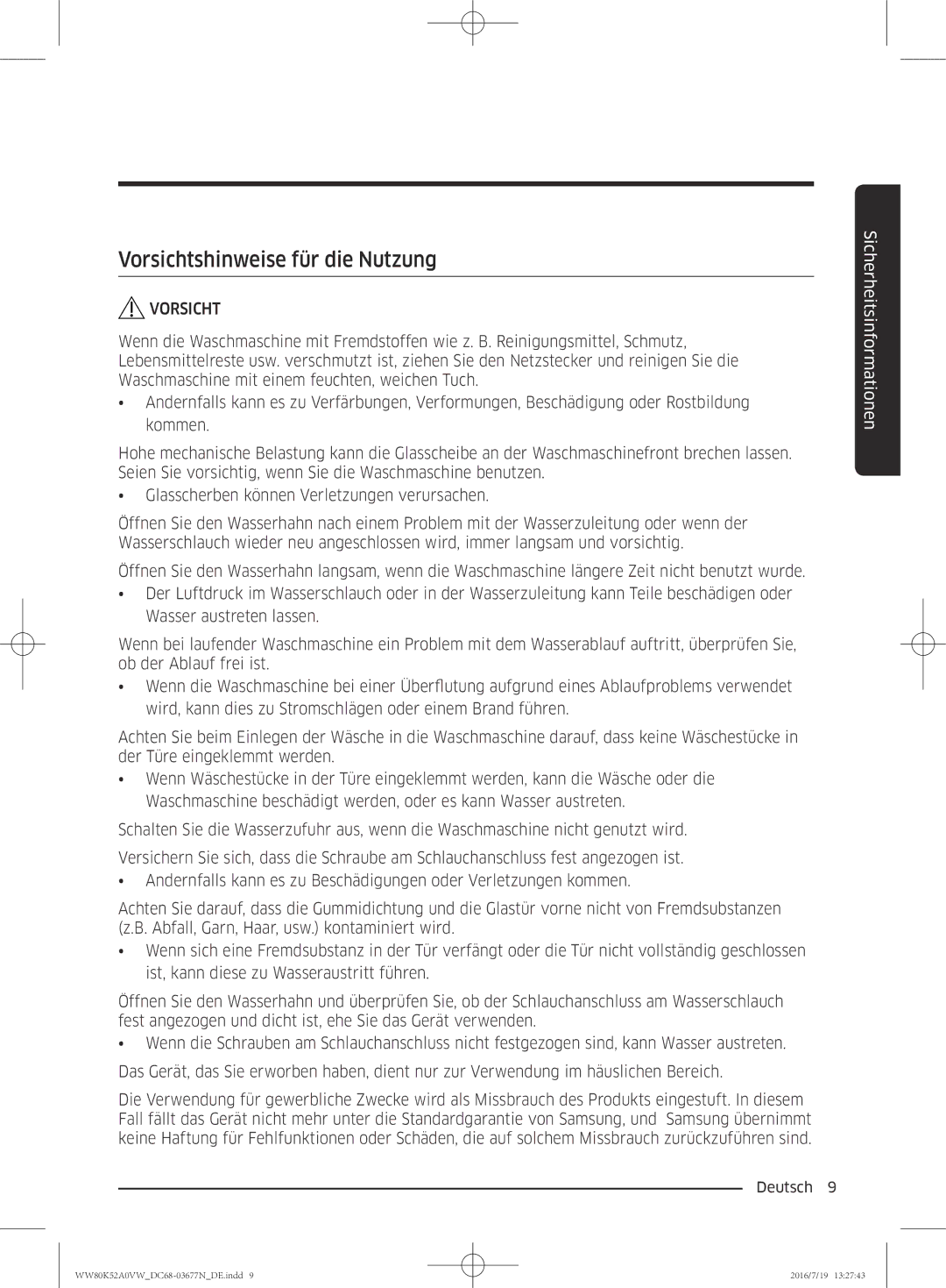 Samsung WW80K52A0VW/EG manual Vorsichtshinweise für die Nutzung 