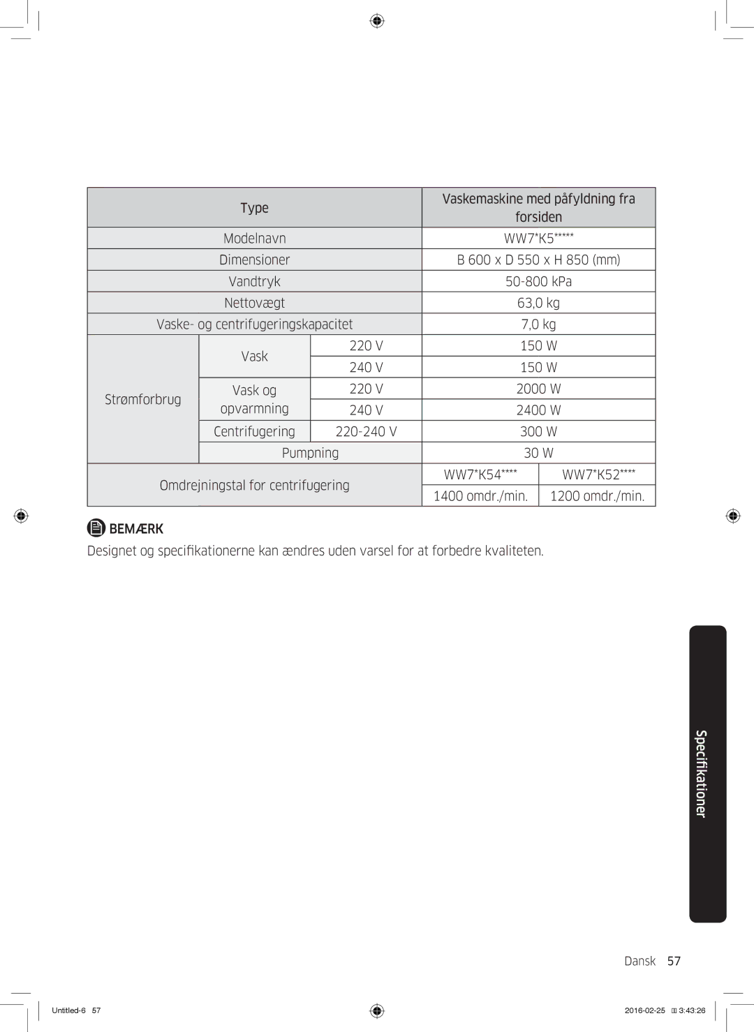 Samsung WW80K5400WW/EE, WW80K5400UW/EE, WW90K5400WW/EE manual Type Vaskemaskine med påfyldning fra Forsiden Modelnavn 