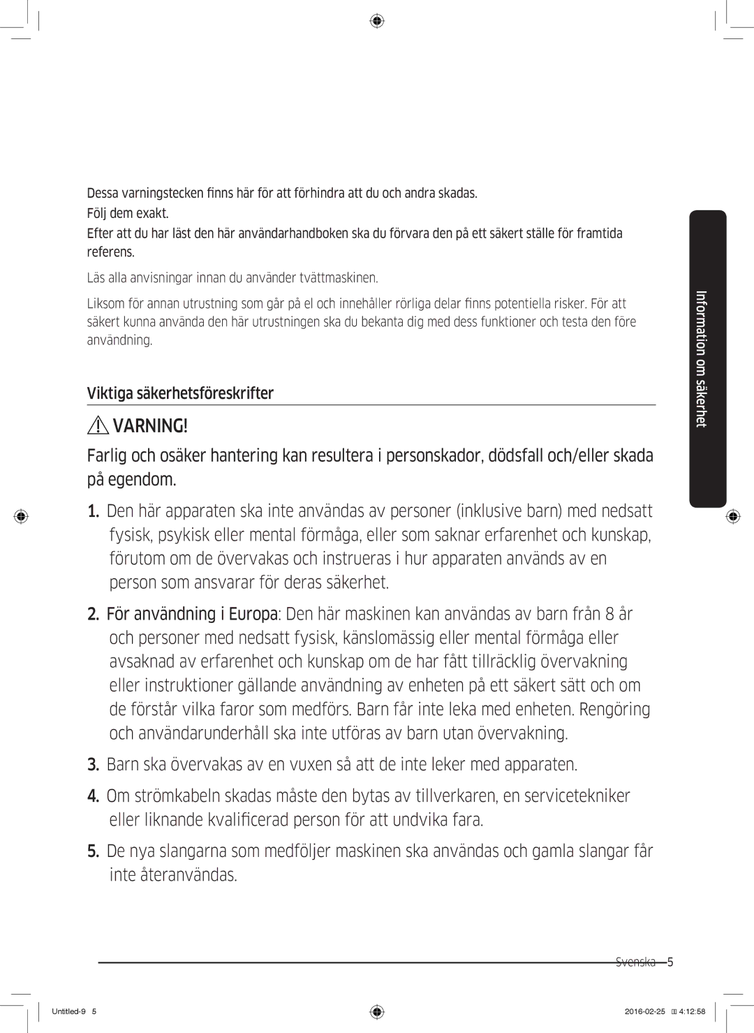 Samsung WW80K5400WW/EE, WW80K5400UW/EE, WW90K5400WW/EE, WW70K5400UW/EE manual Varning, Viktiga säkerhetsföreskrifter 