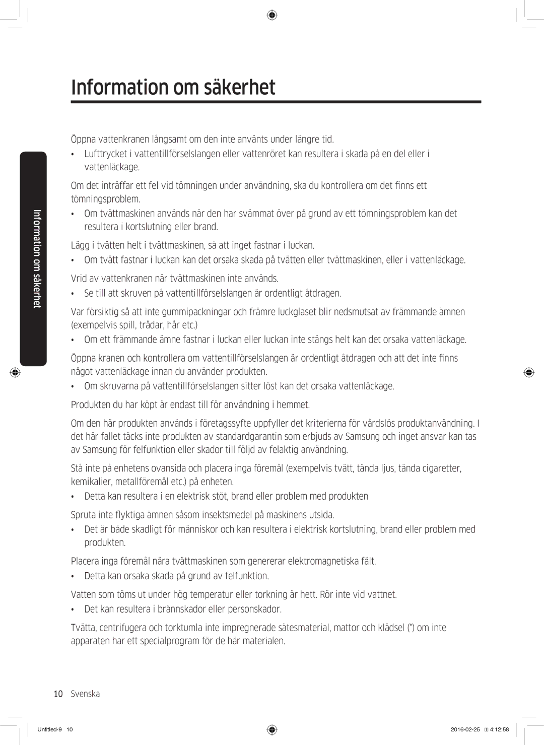 Samsung WW90K5400WW/EE, WW80K5400UW/EE, WW80K5400WW/EE, WW70K5400UW/EE manual Information om säkerhet 