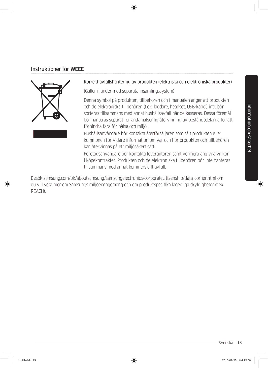 Samsung WW80K5400WW/EE, WW80K5400UW/EE, WW90K5400WW/EE, WW70K5400UW/EE manual Instruktioner för Weee 